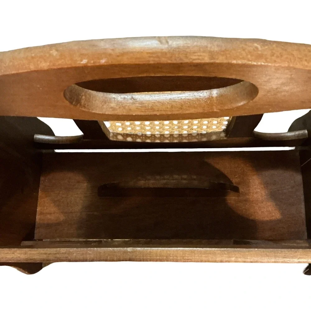 Vintage Wood Magazine Rack Mid Century Modern Cane Inset Floor Caddy Brown